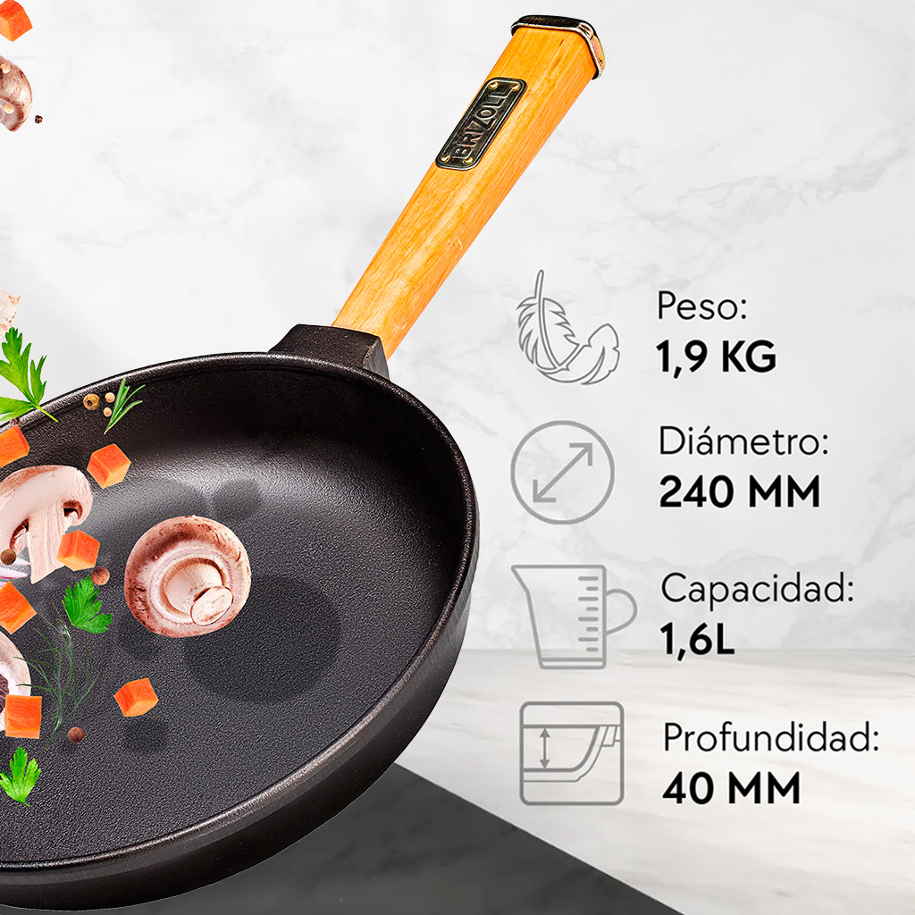 Sartén de hierro fundido mango madera 24 cm