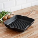 Sartén grill cuadrado, plancha hierro fundido mango madera 26 cm