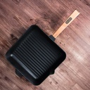 Sartén grill cuadrado, plancha hierro fundido mango madera 26 cm