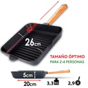 Sartén grill cuadrado, plancha hierro fundido mango madera 26 cm