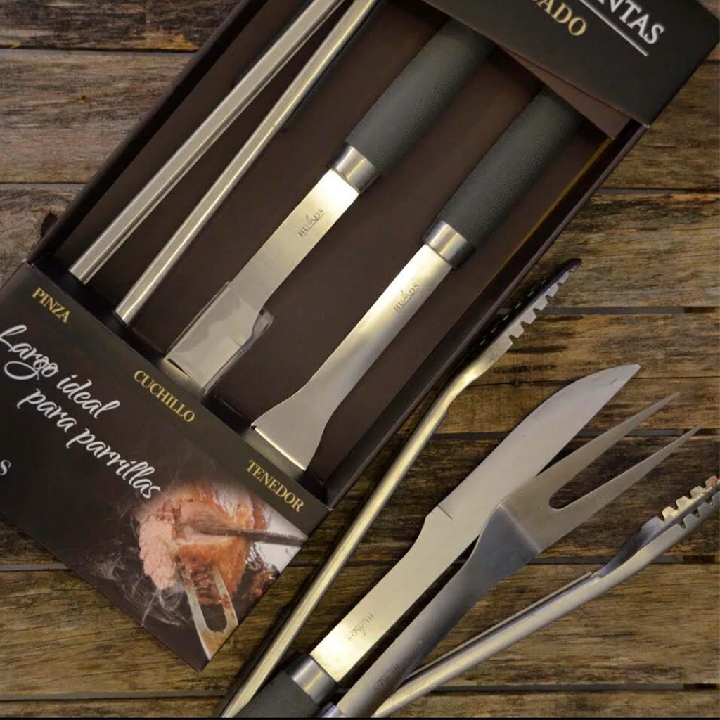 Set herramientas asador inox caja 3 piezas