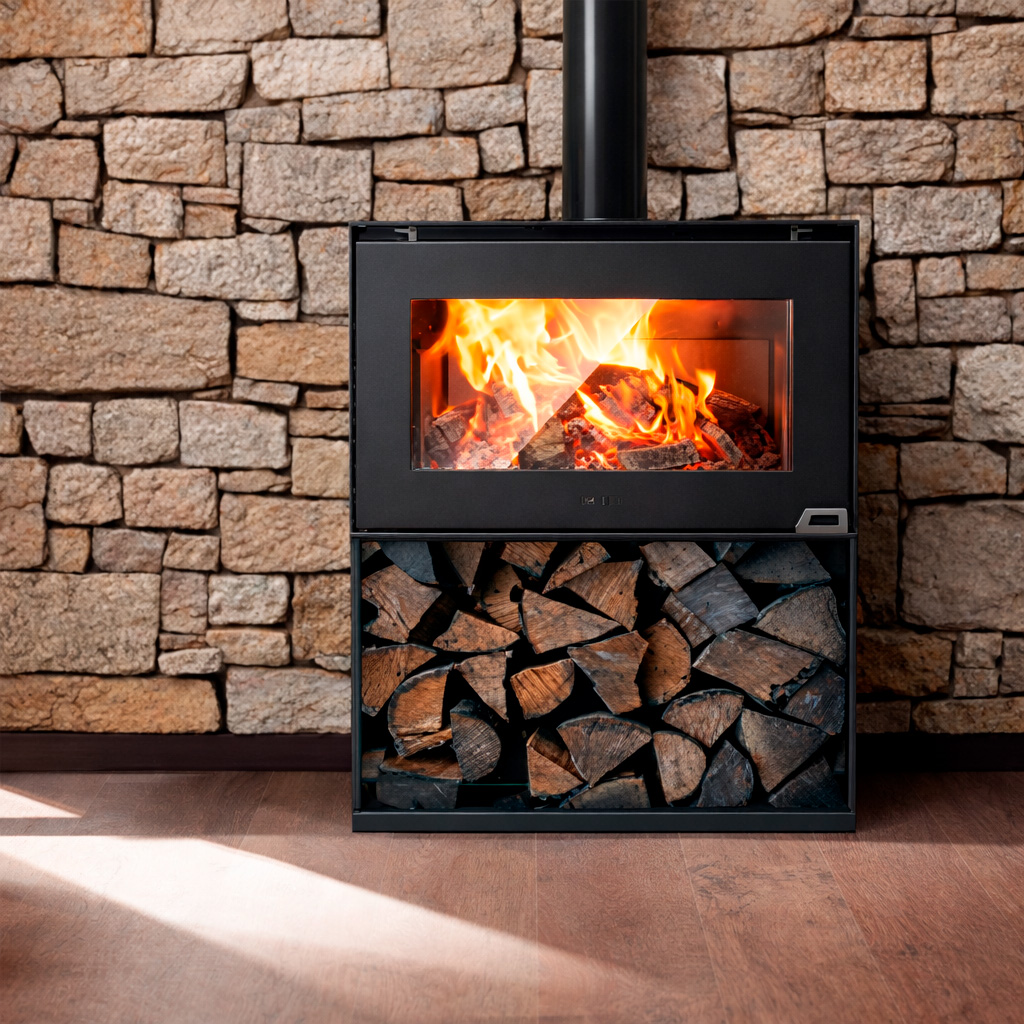 Calefactor alto rendimiento, estufa, a leña Borke con soporte leñero - Öfen