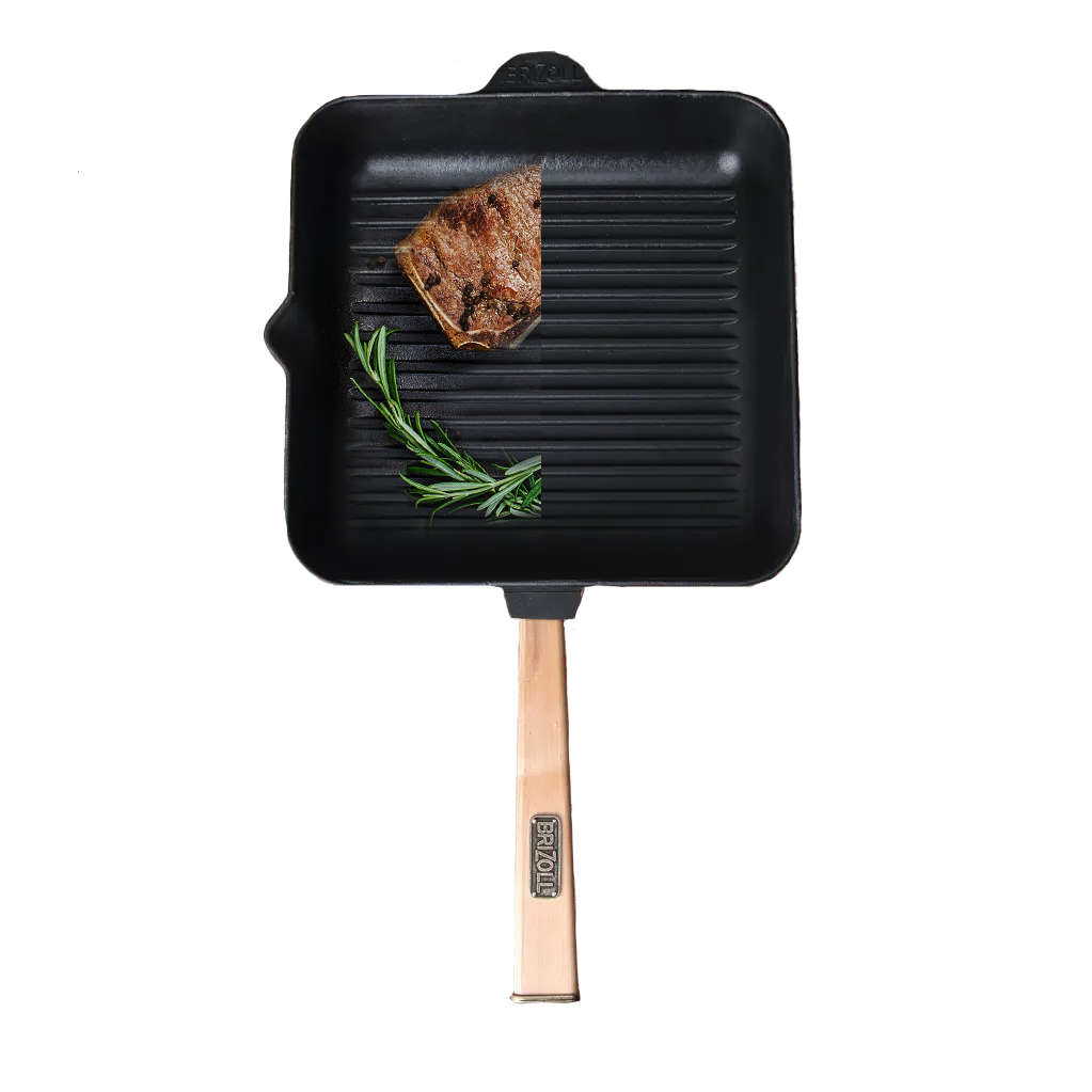 Sarten grill cuadrado hierro fundido mango madera 26 cm