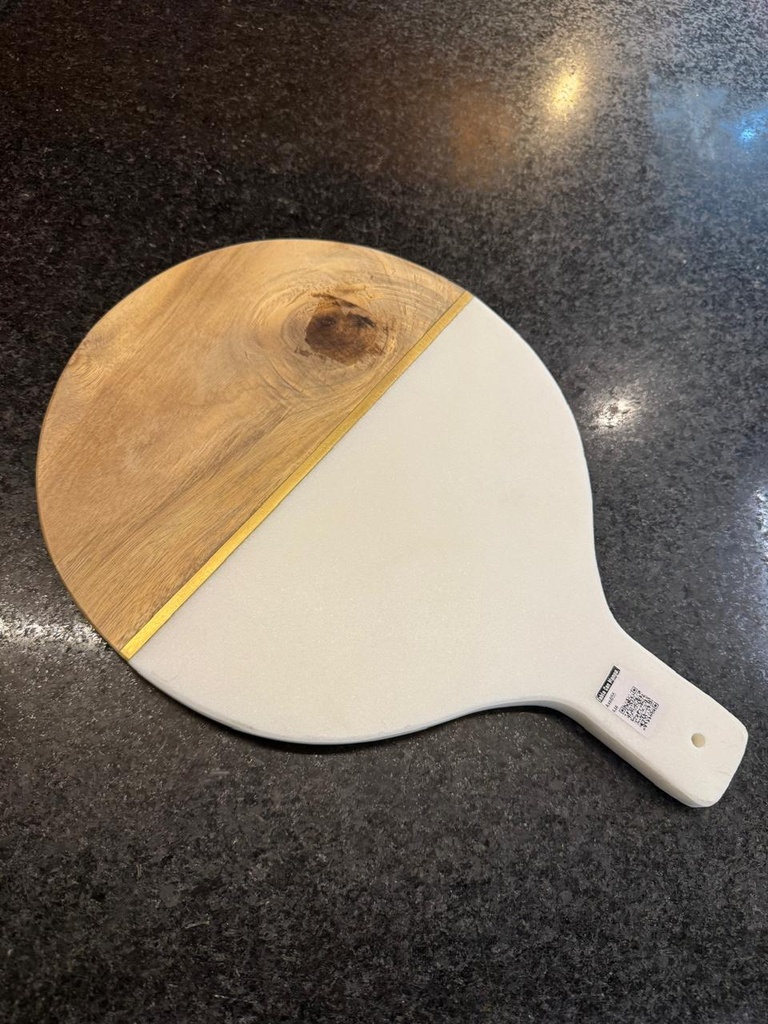 Tabla con mango redonda, mármol blanco y Acacia
