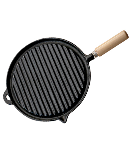 [PEZ043] Plancha de fundición redonda 27 cm rayada con mango