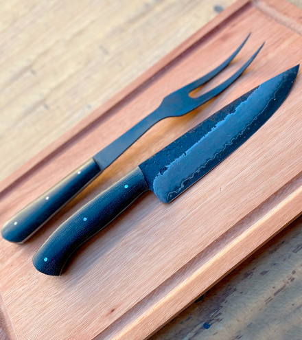 [LH044] Juego de cuchillo y tenedor artesanal, acero San Mai