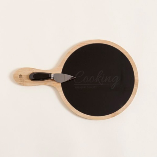 [MIS026] Tabla de quesos bamboo y vidrio negro con cuchillo 34x22 cm