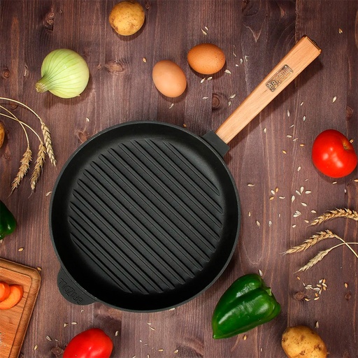 [BRI004] Sartén grill hierro fundido mango madera 26 cm