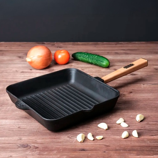 [BRI005] Sartén grill cuadrado, plancha hierro fundido mango madera 26 cm