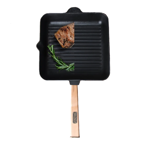 [BRI005] Sarten grill cuadrado hierro fundido mango madera 26 cm